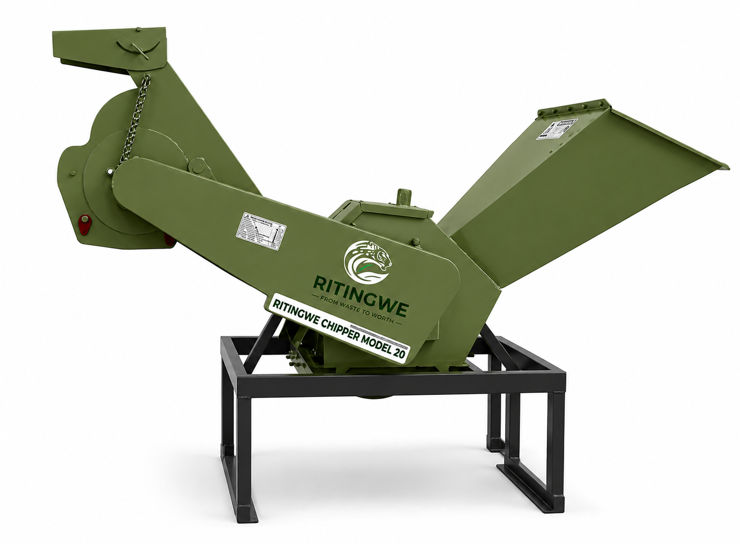 The PTO-driven tractor-mounted version of the Model 225, combining Ritingwe’s two-blade drum wood chipper with an integrated grinder.